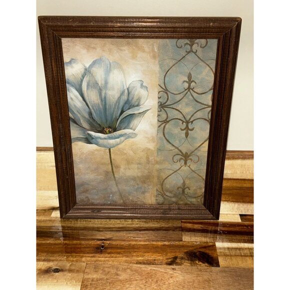 Framed Vivien Flasch Floral Art Print Blue Flower & Brown Scroll Design Overall - Picture 4 of 8